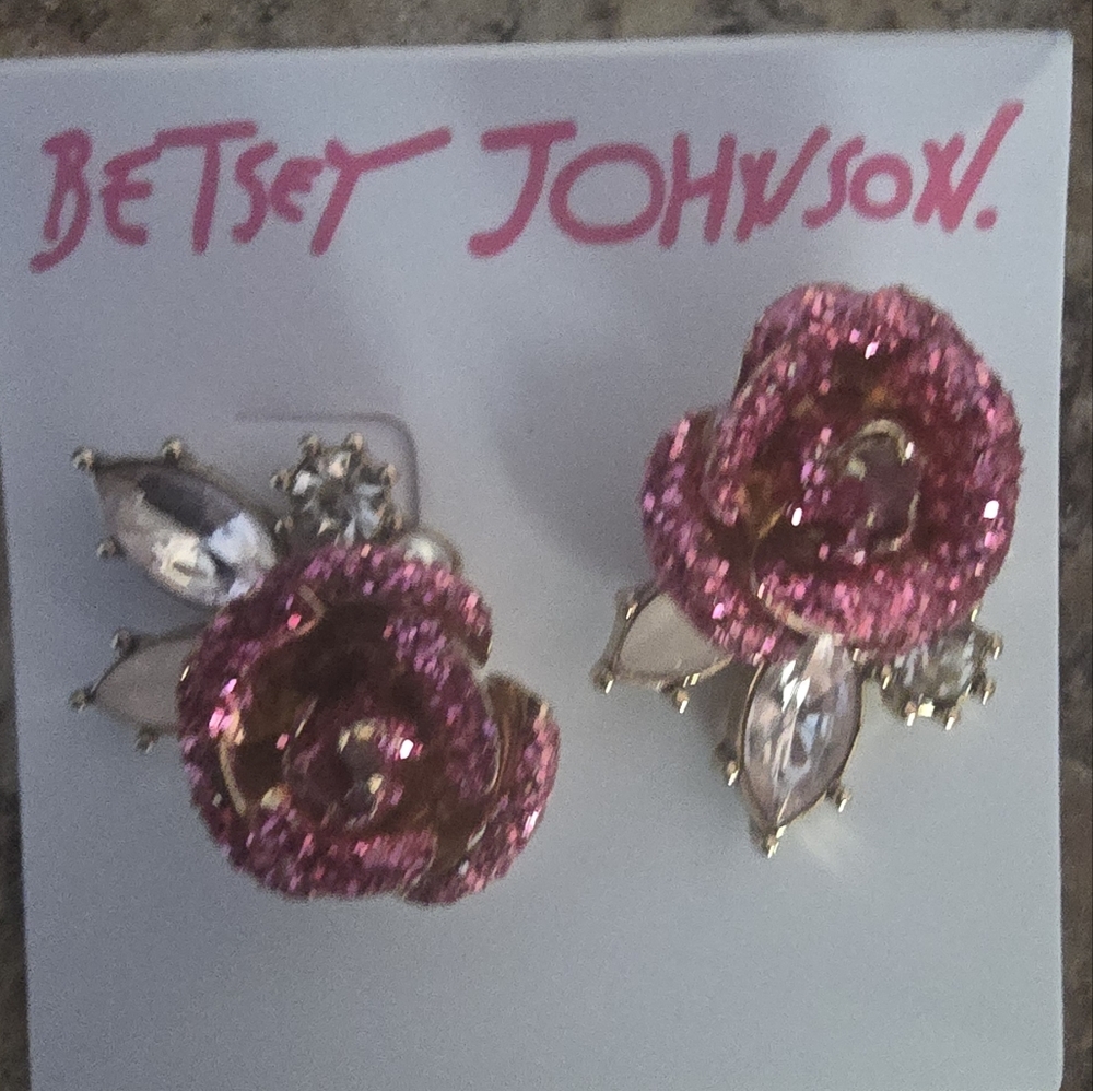 Betsey Johnson Glittering Pink Rose Earrings